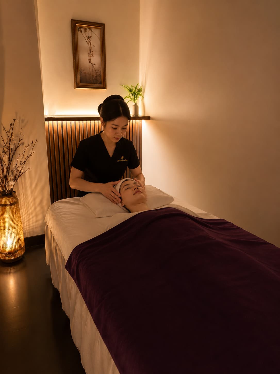 Therapist performing a scalp and head treatment on a guest in a candlelit private room in NYC