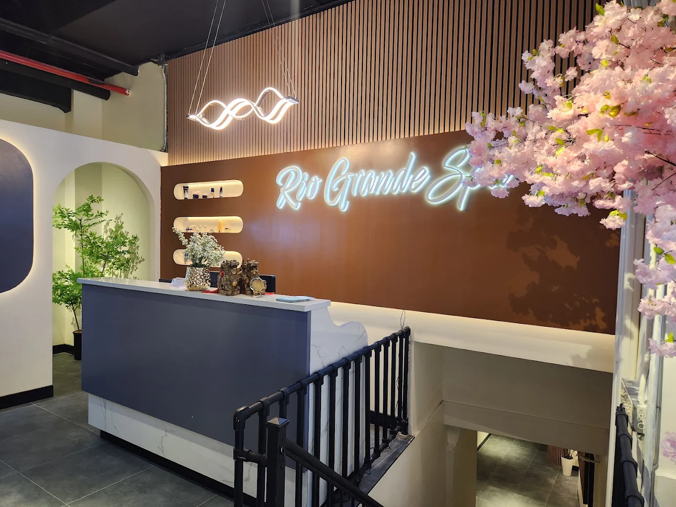 Rio Grande Spa reception desk with neon script signage, product shelving and a cherry blossom tree in NYC